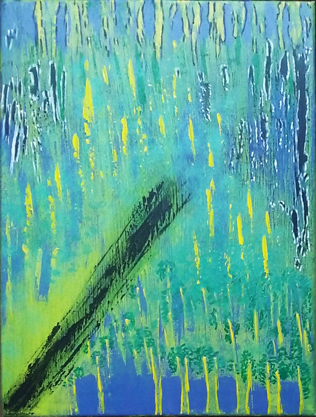 Peinture abstraite de coulées vertes, jaunes et bleues