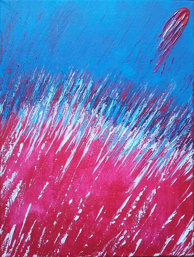Tableau abstrait d'un jaillissement de projection roses, blanches
            et bleues