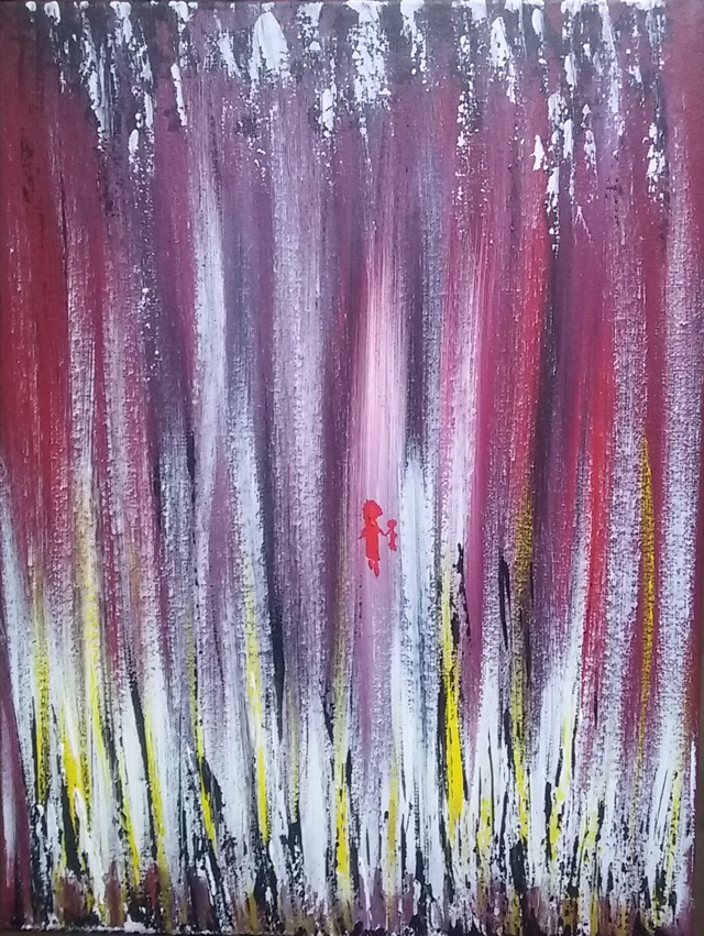 Peinture abstraite d'un rideau de flammes violettes, blanches et
            noires