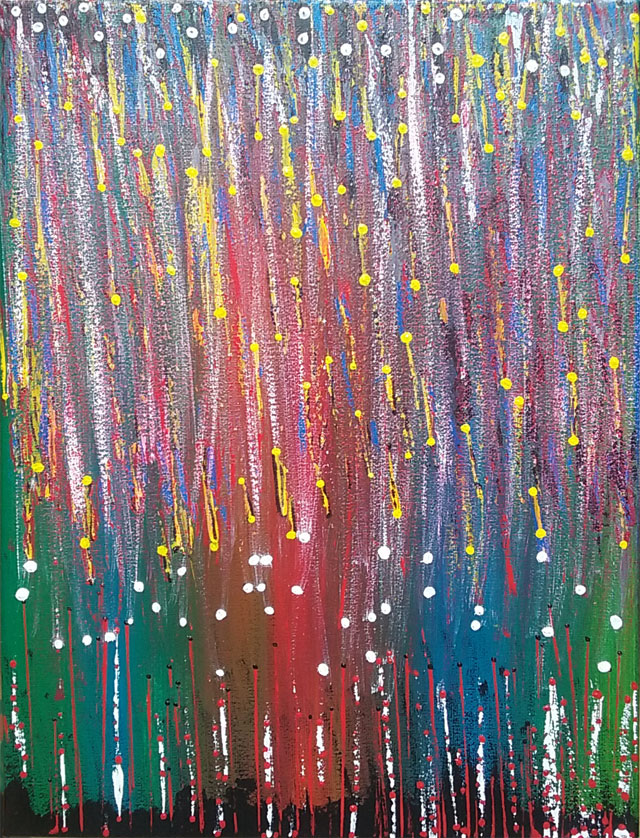 Tableau abstrait de tombées de points blancs parmi des bandes multicolores