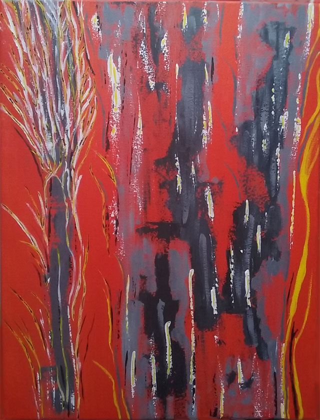 Peinture abstraite de silhouettes sombres sur un fond orangé