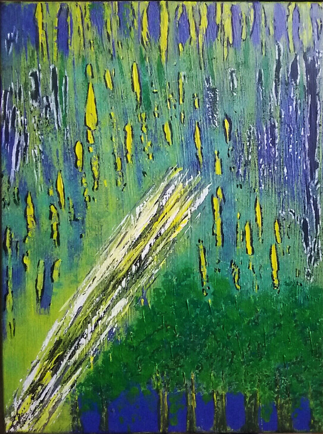 Tableau abstrait d'une pluie jaune et noire qui tombent sur une forêt