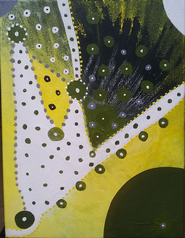 Peinture abstraite d'un jeu de poulies ocres, kaki et blanches