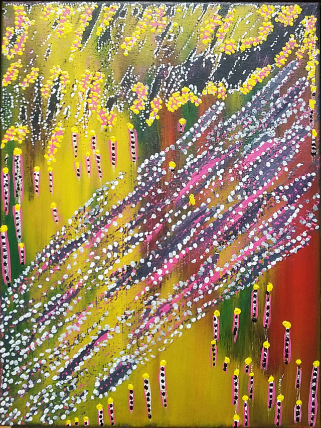 Tableau abstrait façon pointillisme multicolore, vertical et transversal