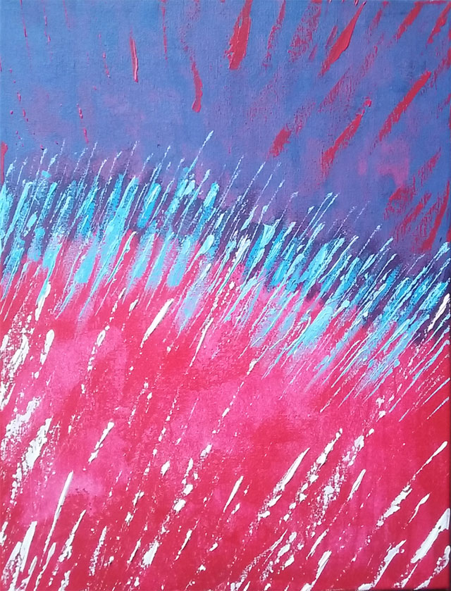 Peinture abstraite d'un champ de blé en ébullition,bleu, rose et blanc